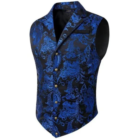 NEW 𝅺MENS Shiny Paisley Suit Vest Waistcoat Blue - Picture 1 of 5